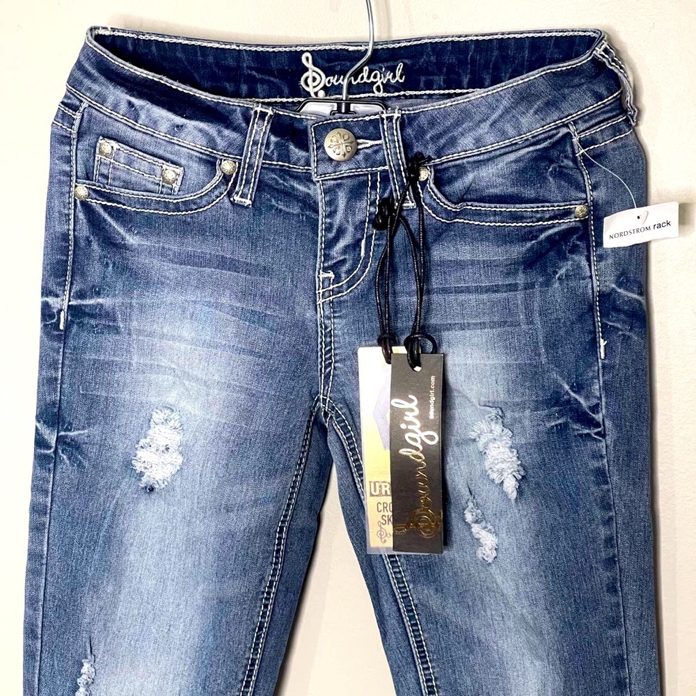 Soundgirl Distressed Size 0 Ladies Blue Denim Jeans Straight dark blue, NWT